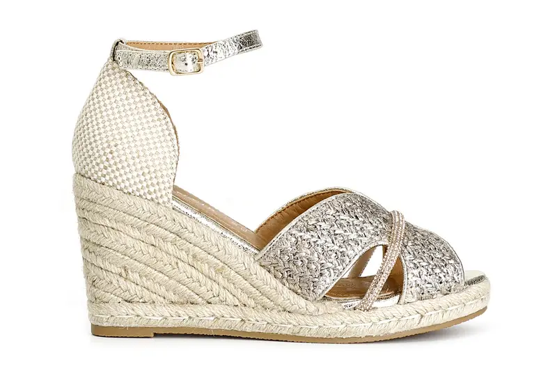 sandali in tessuto chiuse dietro e zeppa in corda platino