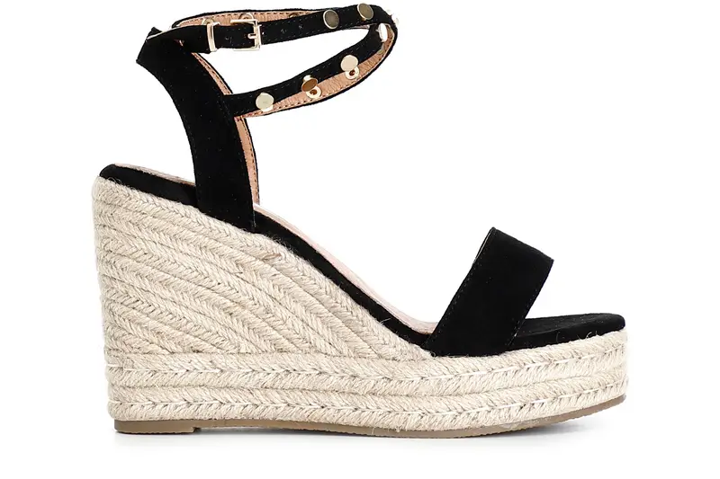 sandali in tessuto con borchie su zeppa corda nero