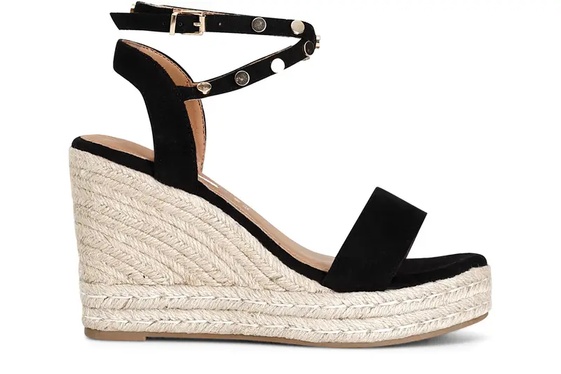 sandali in tessuto con borchie su zeppa corda nero