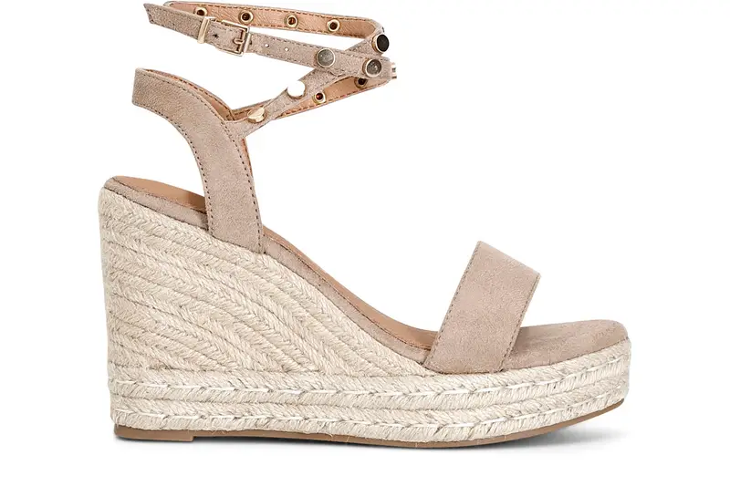 sandali in tessuto con borchie su zeppa corda tortora