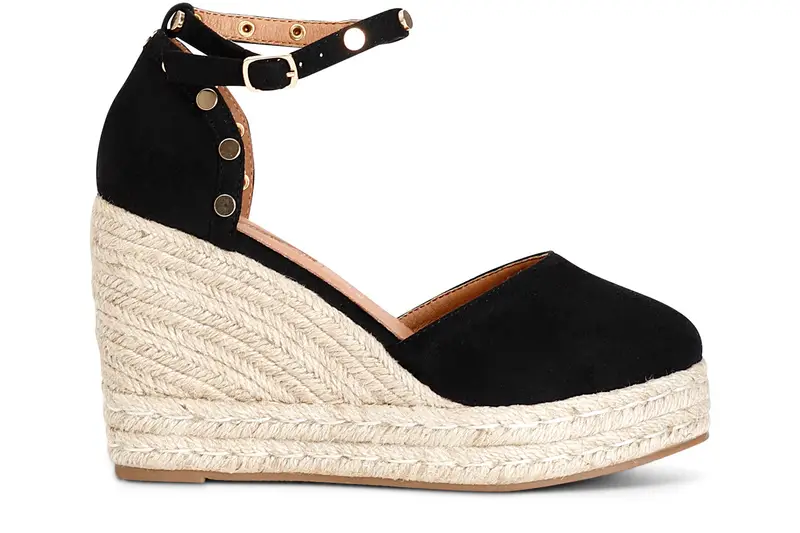 sandali in tessuto e zeppa in corda nero