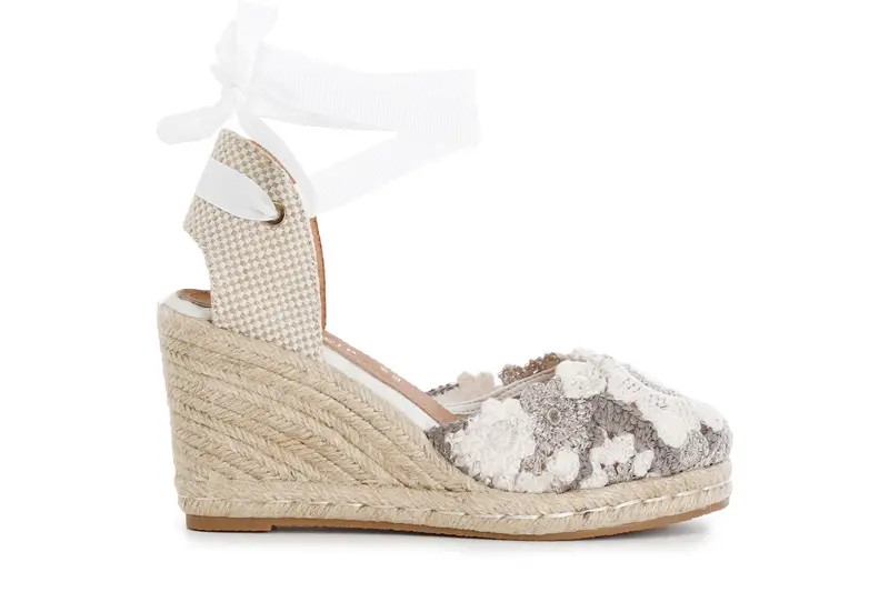 sandali in tessuto ricamato su zeppa in corda multi bianco