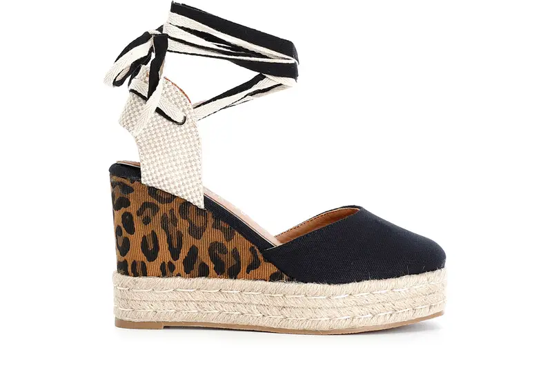 sandali in tessuto su zeppa corda nero