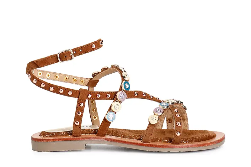 sandali incrocio asimmetrico in camoscio con accessori cuoio 37