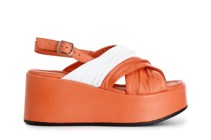 sandali incrocio bicolor in pelle arancio/bianco