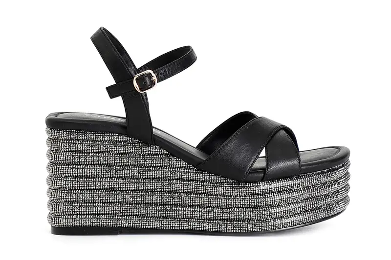 sandali incrocio in nappa con zeppa strass nero 36