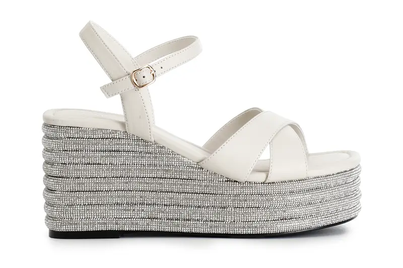 sandali incrocio in nappa con zeppa strass panna 37