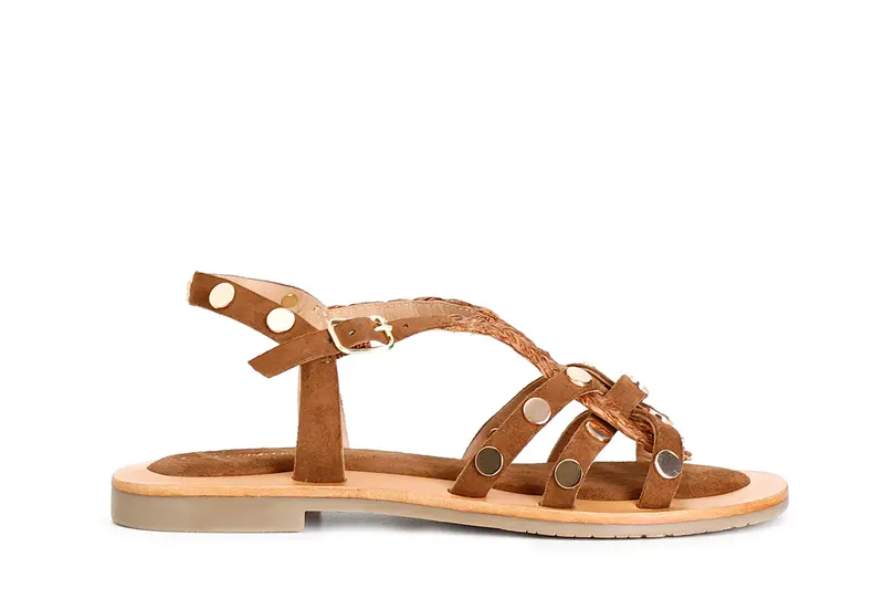 sandali incrocio in pelle scamosciata e raffia cuoio