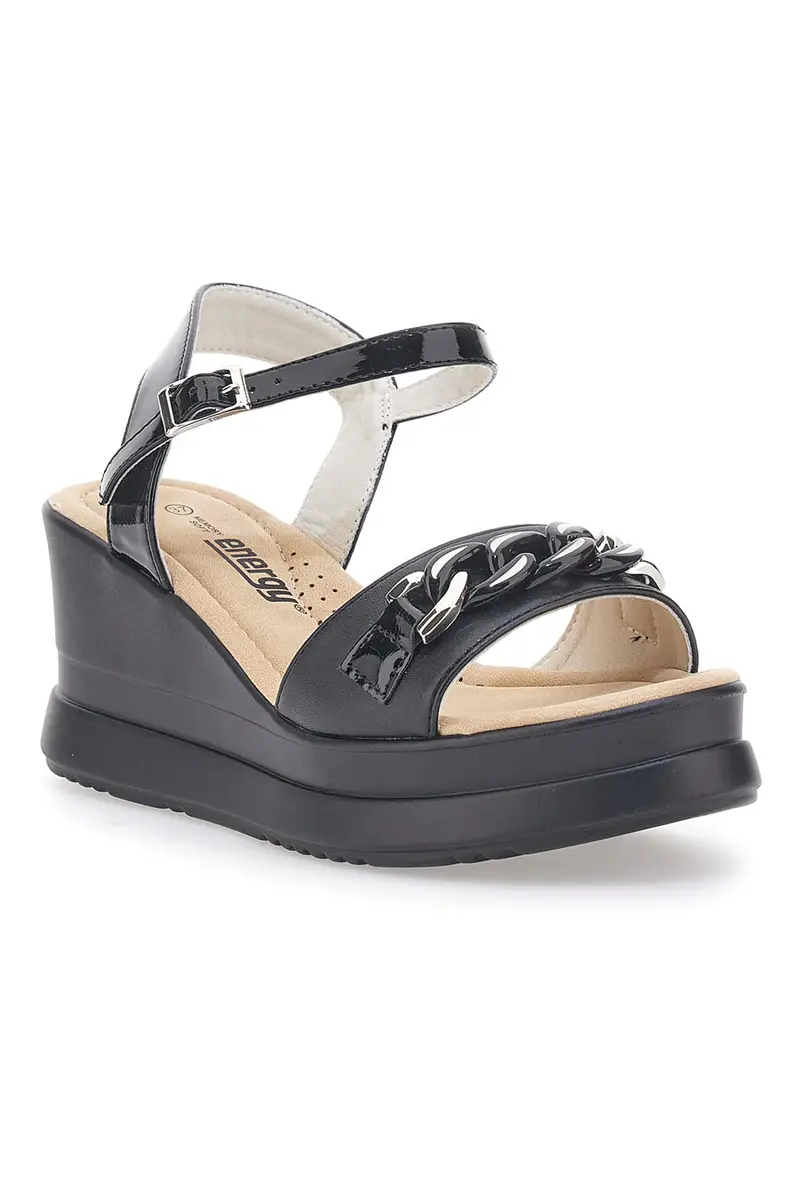 Sandali neri con zeppa e catena frontale ENERGY E486 miniatura 2