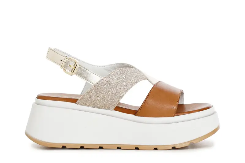 sandali su zeppa in pelle e glitter cuoio/platino