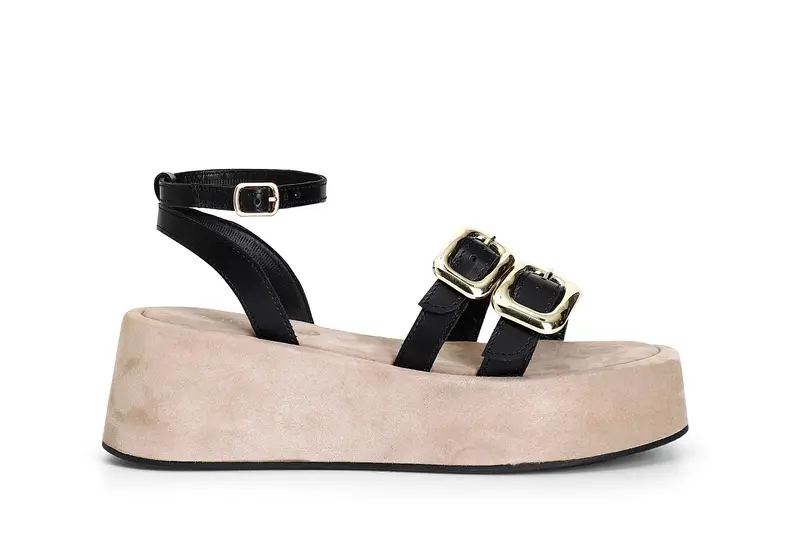 sandali zeppa doppia fascia con fibbia e cinturino alla caviglia nero 38