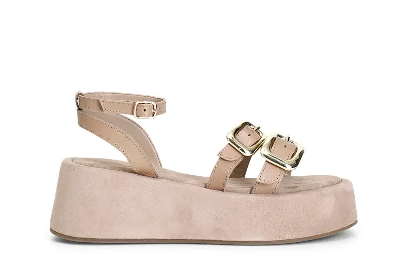 sandali zeppa doppia fascia con fibbia e cinturino alla caviglia sabbia 38