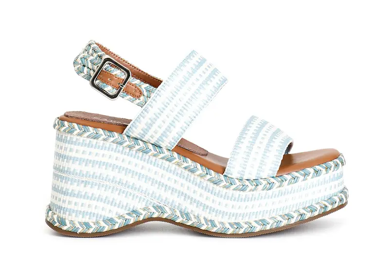 sandali zeppa doppia fascia in tessuto bianco/celeste