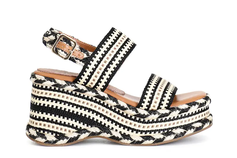 sandali zeppa doppia fascia in tessuto nero beige 36