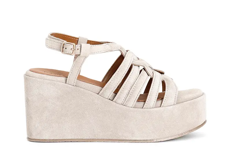 sandali zeppa in pelle scamosciata a gabbia sabbia