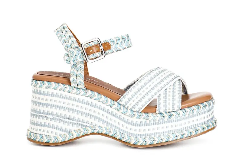 sandali zeppa in tessuto bianco/celeste