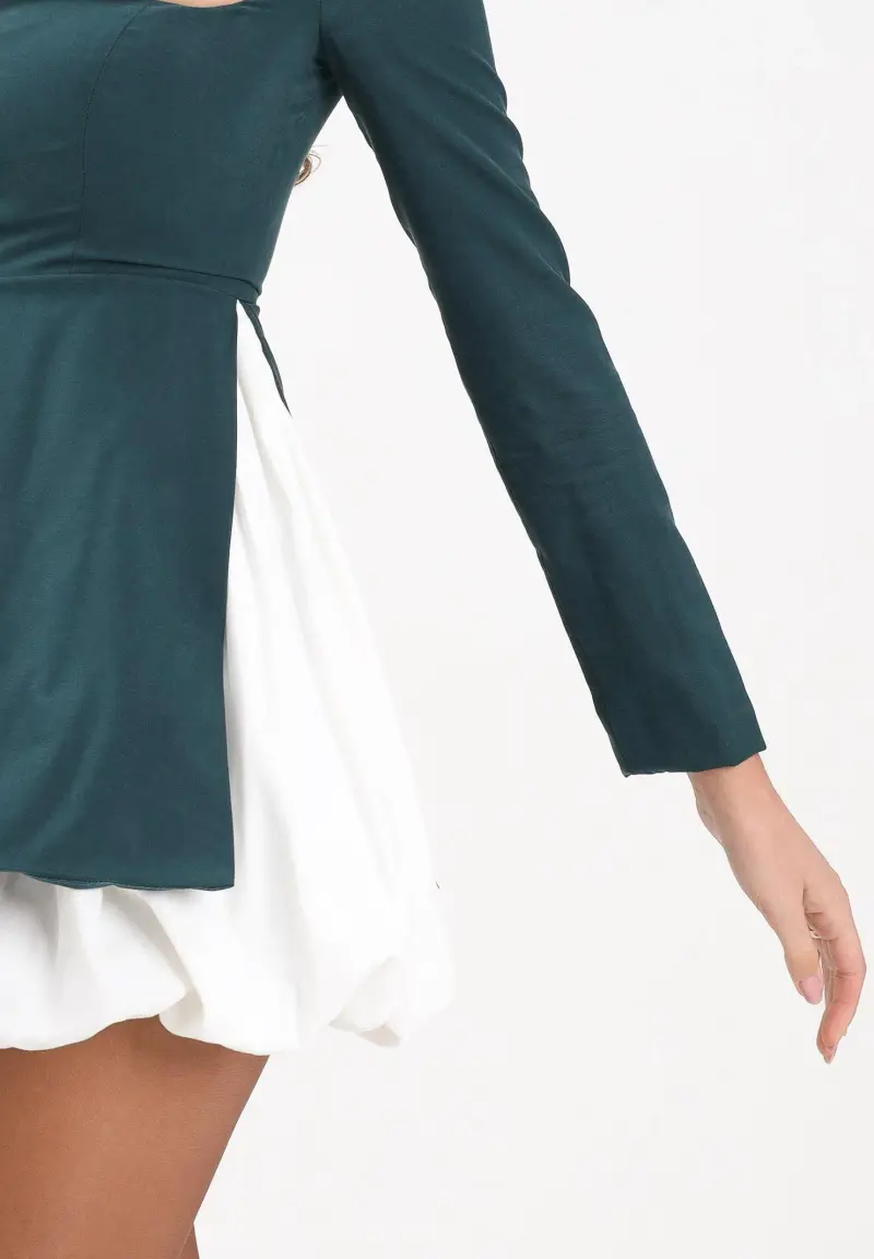 Abito corto verde ottanio da donna con gonna ballon miniatura 3