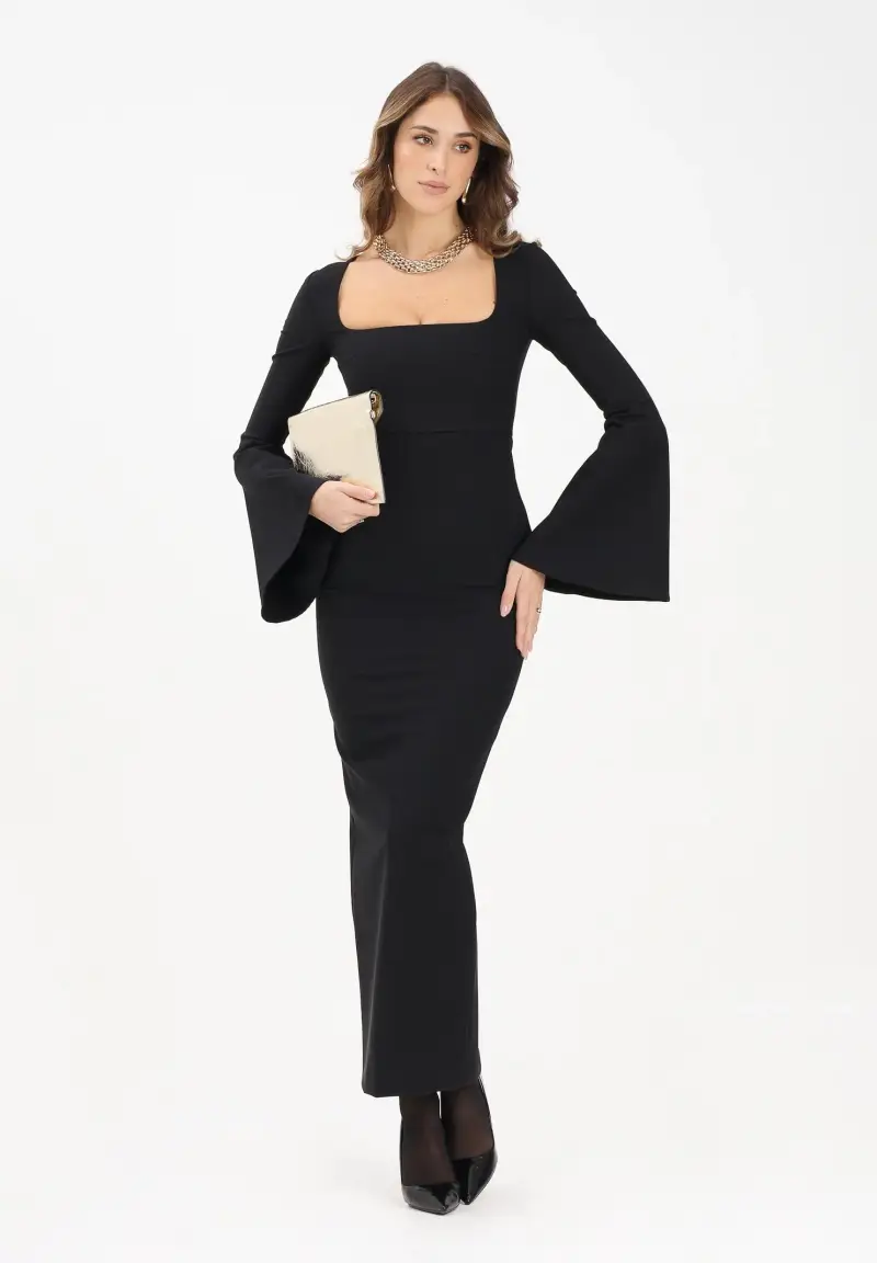 Abito lungo nero da donna con manica svasata miniatura 2