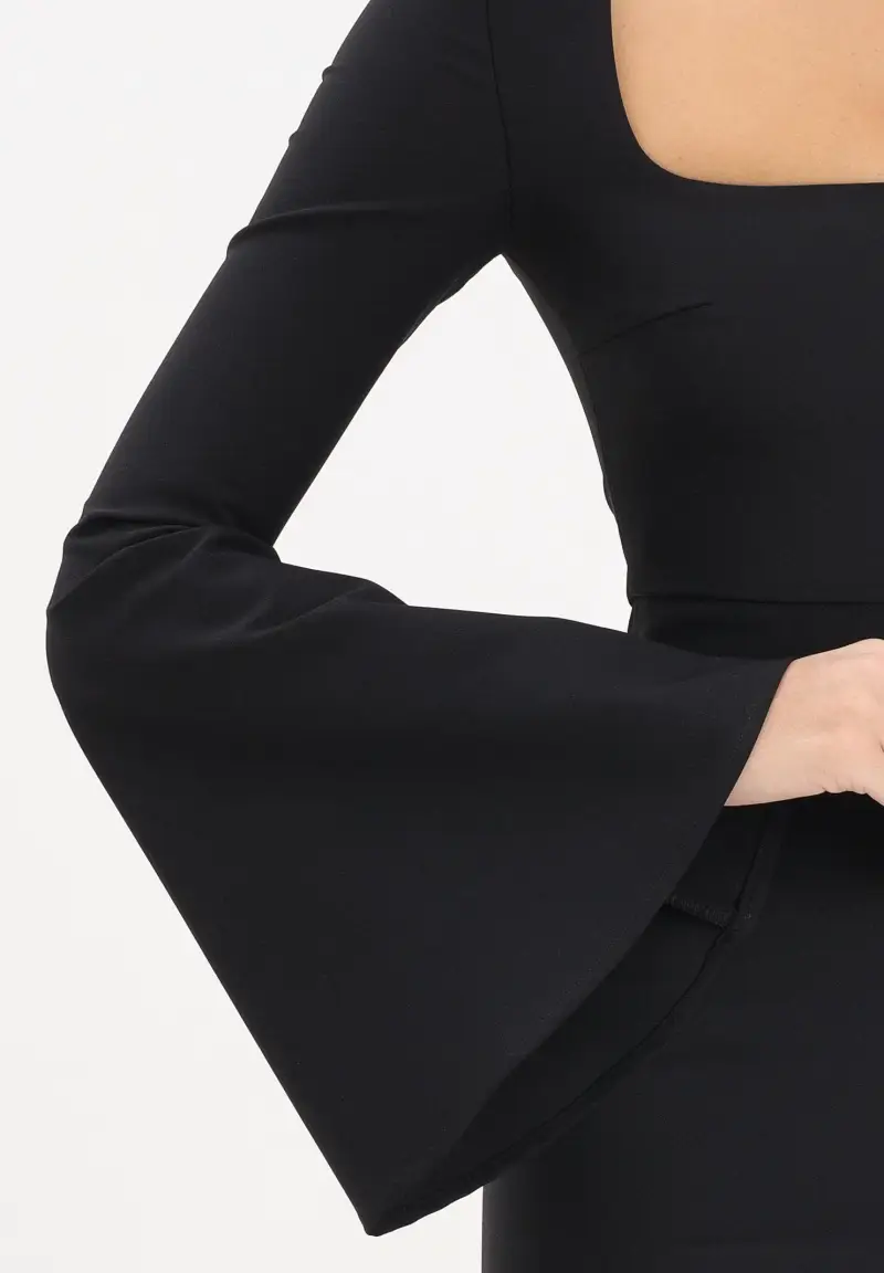 Abito lungo nero da donna con manica svasata miniatura 3