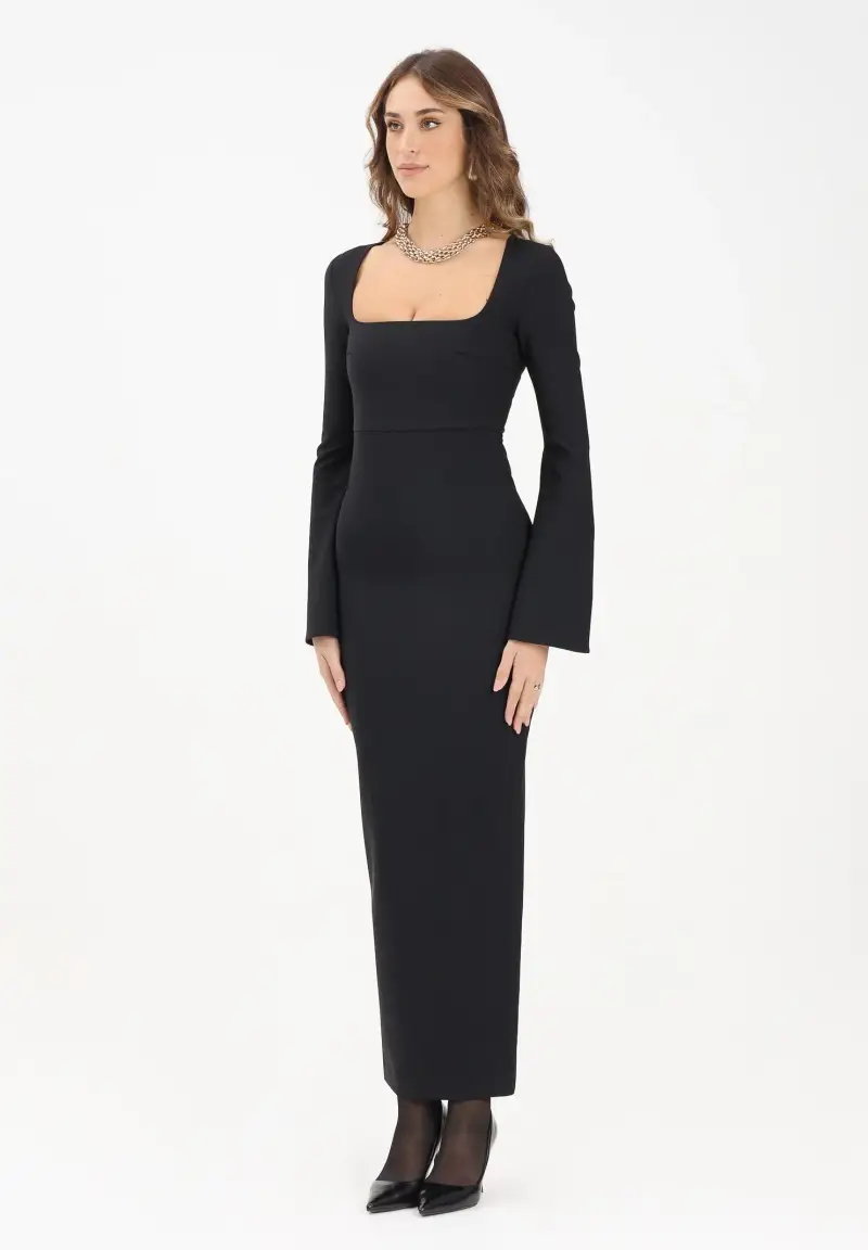 Abito lungo nero da donna con manica svasata