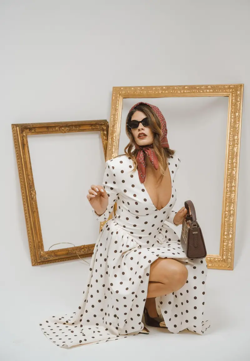 Abito midi DOUCEUR avorio da donna con pois marroni miniatura 2