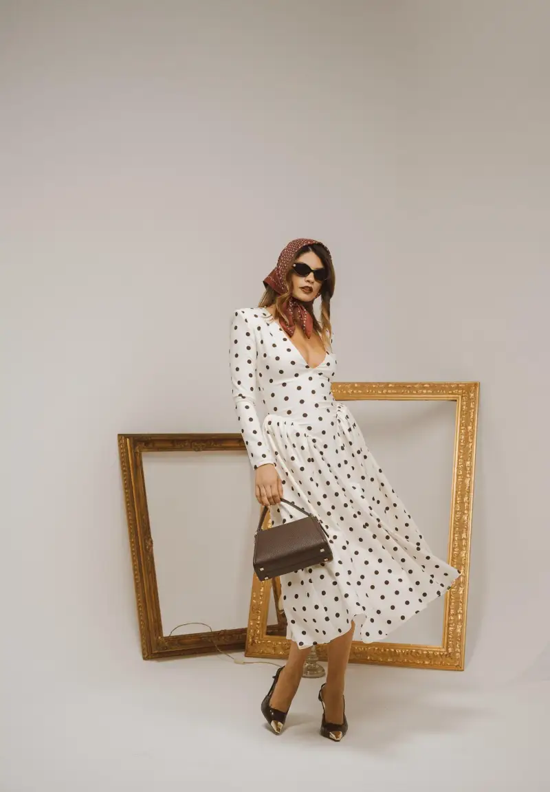 Abito midi DOUCEUR avorio da donna con pois marroni