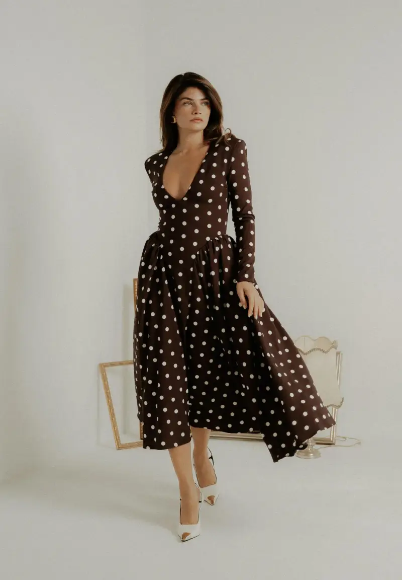 Abito midi DOUCEUR marrone da donna con pois panna miniatura 2