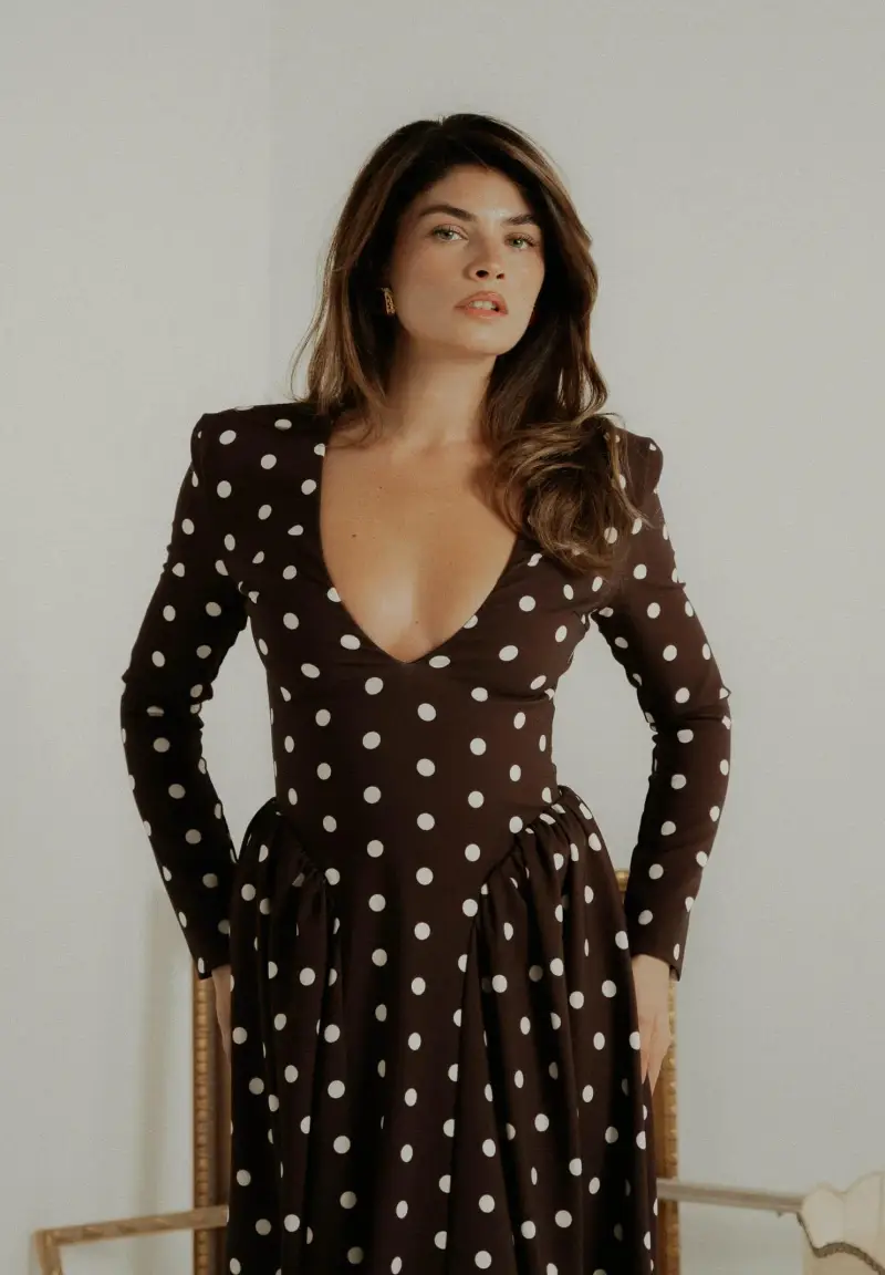 Abito midi DOUCEUR marrone da donna con pois panna miniatura 3