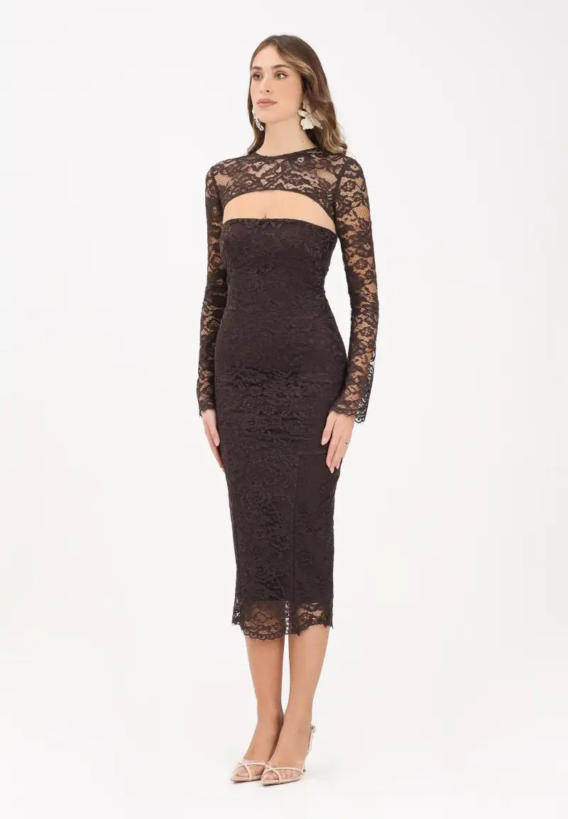 Abito midi in pizzo marrone da donna