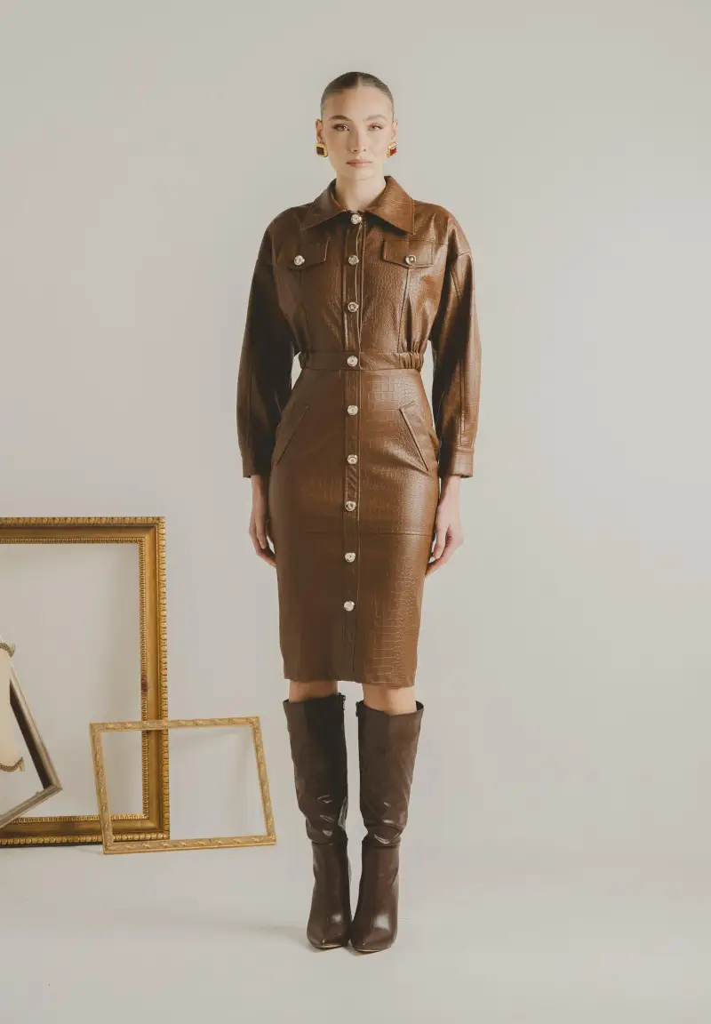 Abito midi MYSTÈRE cuoio da donna