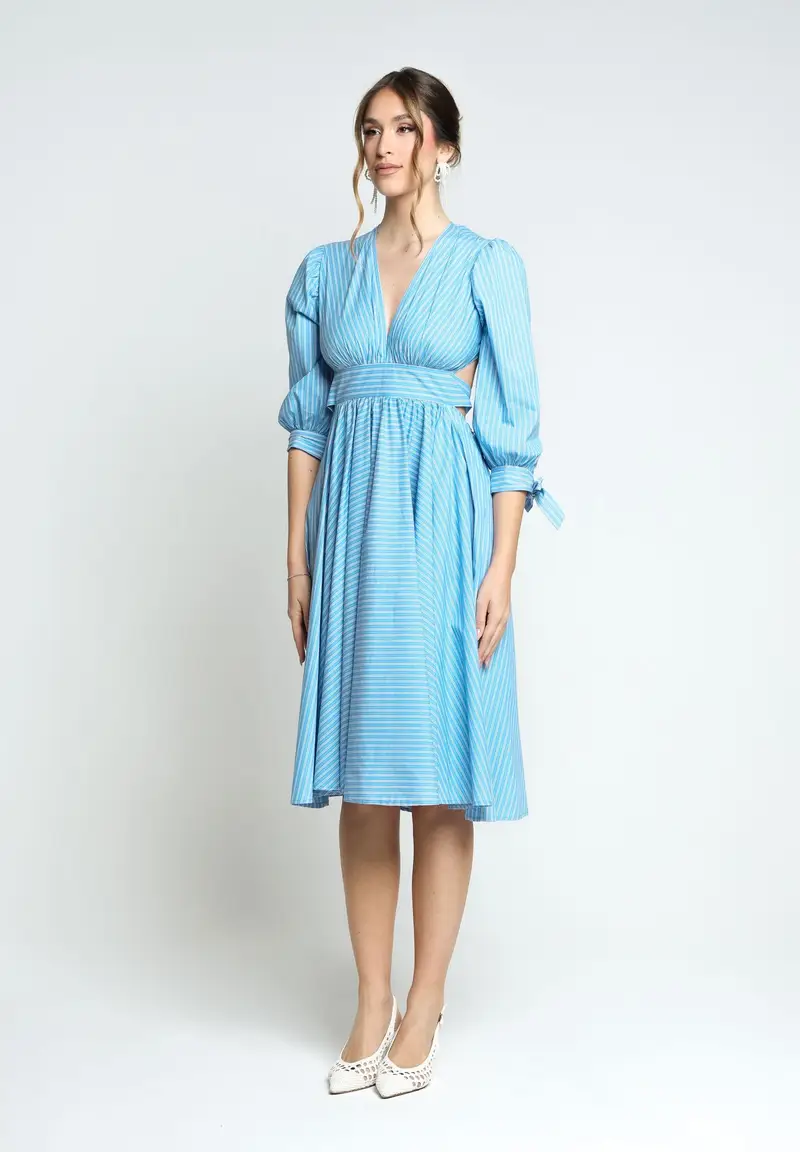 SANTAS Abito midi TIRAMISU' celeste da donna con stampa a righe