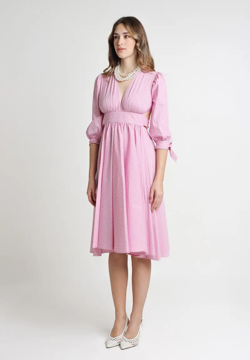 SANTAS Abito midi TIRAMISU' rosa da donna con stampa a righe