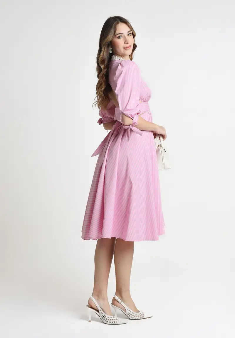 SANTAS Abito midi TIRAMISU' rosa da donna con stampa a righe miniatura 2