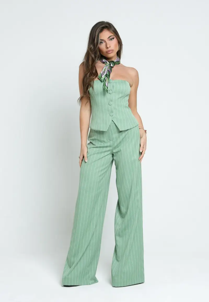 Pantalone APPLE PIE verde da donna con motivo gessato miniatura 2