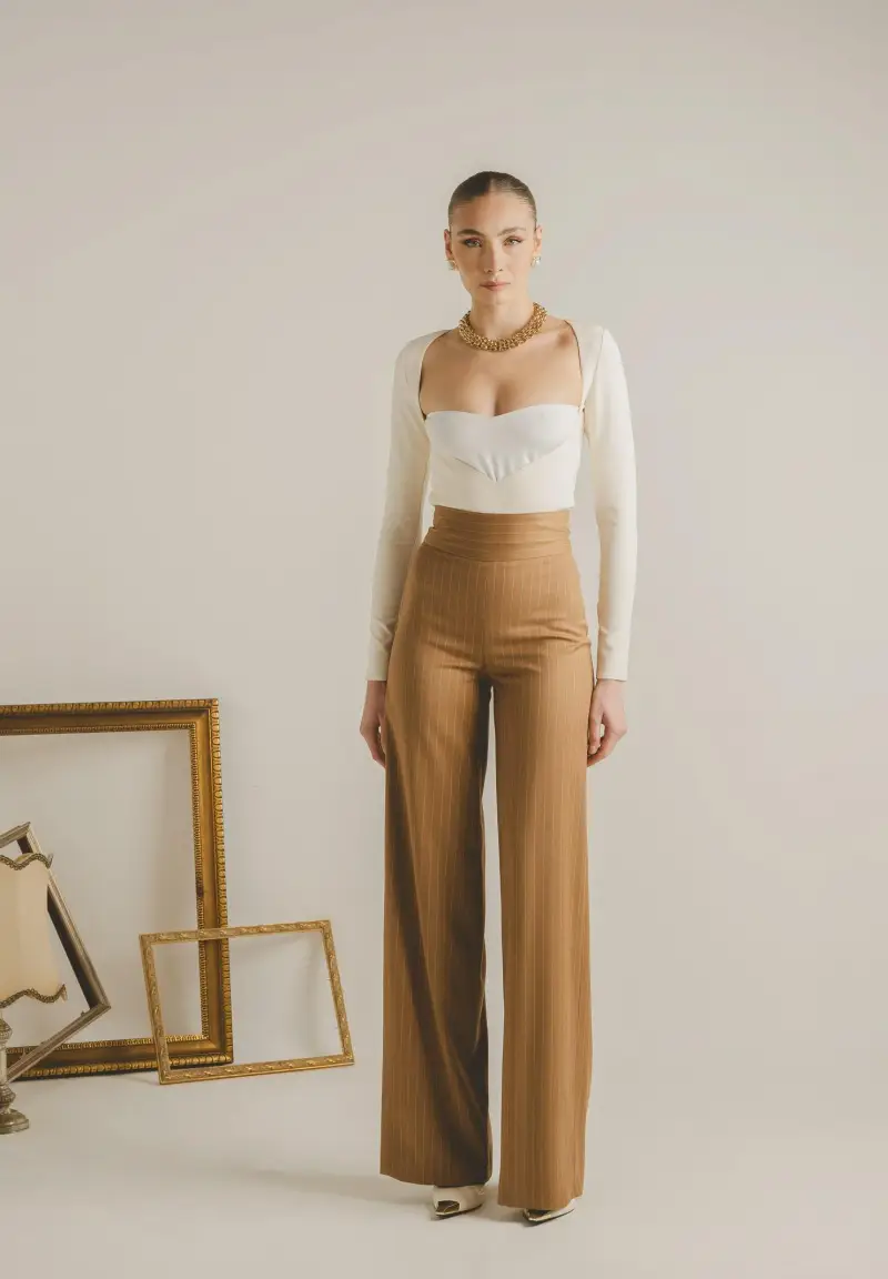 Pantalone elegante POUVOIR color miele da donna con micro gessatura miniatura 2