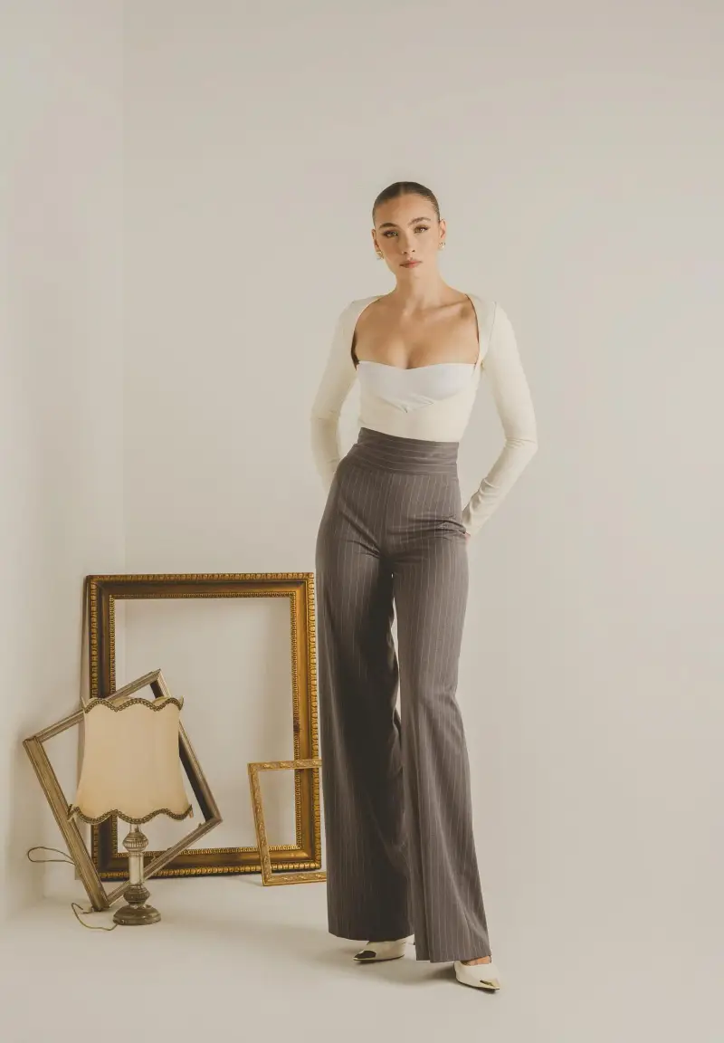 Pantalone elegante POUVOIR grigio da donna con micro gessatura miniatura 2