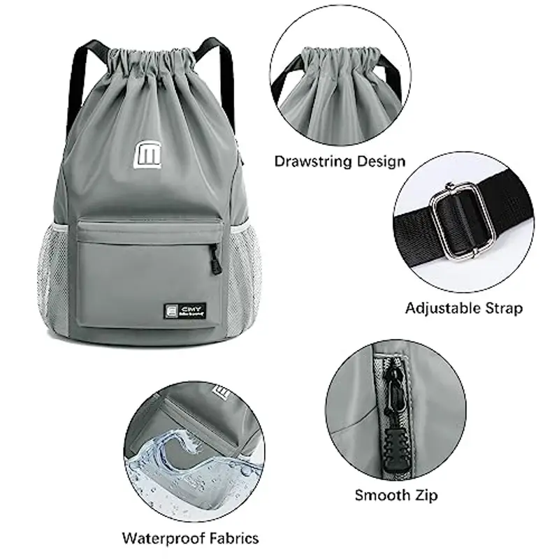 Sarsumir Borsa con Coulisse Sacca Sportiva, Impermeabile Sacchetta Sportiva Grande Capacità Zaino con Coulisse Sacca Zaino per Uomo Donna Sport, Grigio miniatura 2