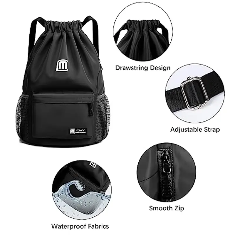 Sarsumir Borsa con Coulisse Sacca Sportiva, Impermeabile Sacchetta Sportiva Grande capacità Zaino con Coulisse Sacca Zaino per Uomo Donna Sport, Nero miniatura 2