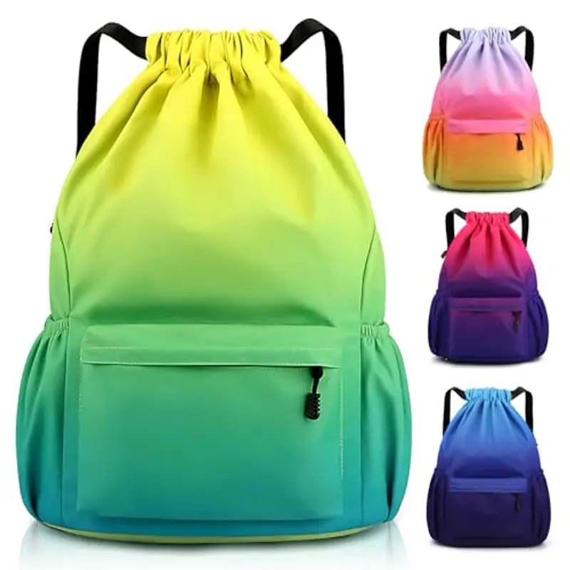 Sarsumir Sacca Sportiva Borsa con Coulisse, Impermeabile Sacchetta Sportiva Palestra Grande Capacità Sacca Zaino con Coulisse per Uomo Donna, Giallo Verde