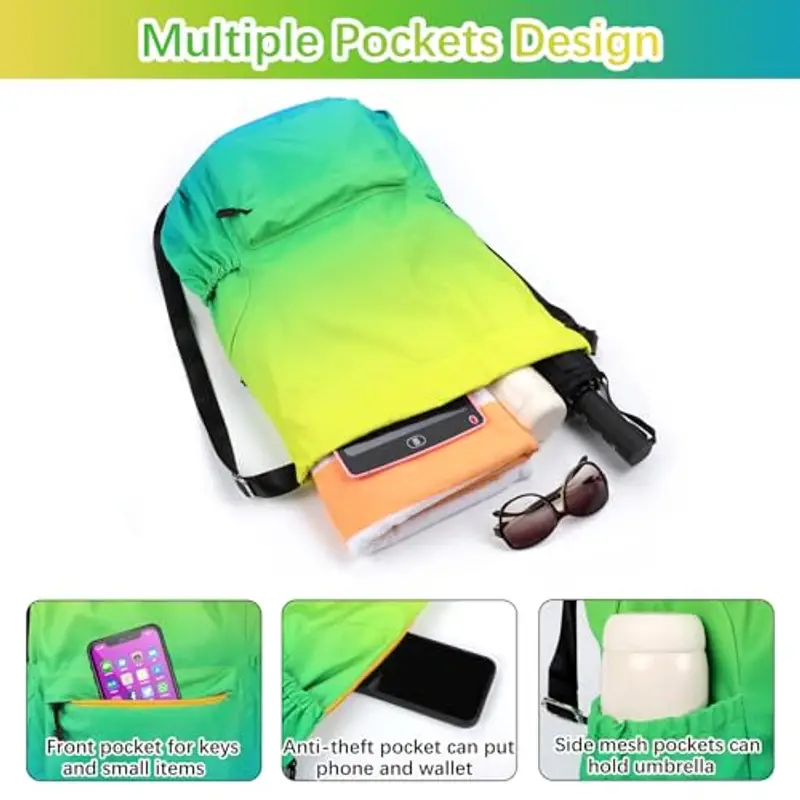 Sarsumir Sacca Sportiva Borsa con Coulisse, Impermeabile Sacchetta Sportiva Palestra Grande Capacità Sacca Zaino con Coulisse per Uomo Donna, Giallo Verde miniatura 3