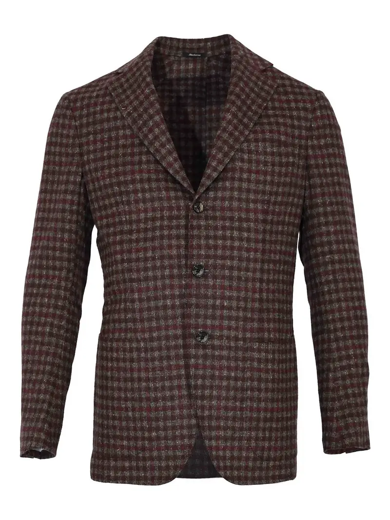 Giacca Monopetto In Pura Lana Check Rosso Scuro
