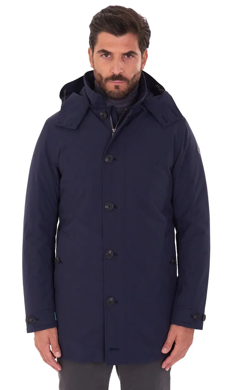 Cappotto lungo save the duck con cappuccio euloph, colore blu