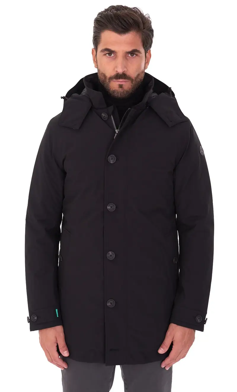 Cappotto lungo save the duck con cappuccio euloph, colore nero