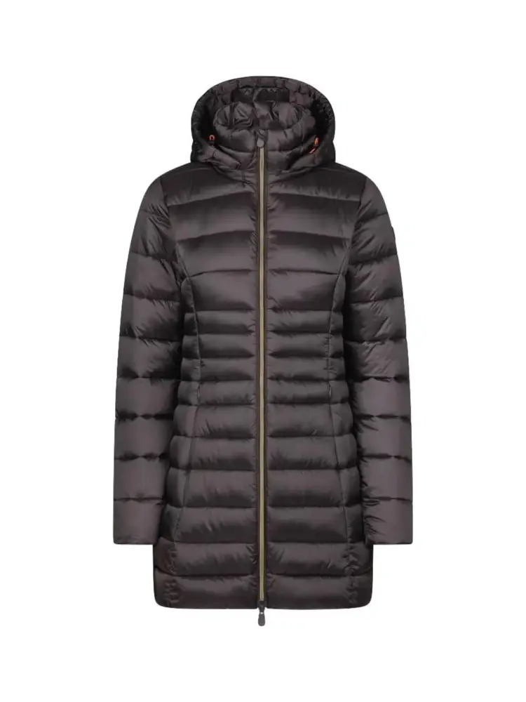 giubboto lungo con cappuccio in nylon marrone scuro