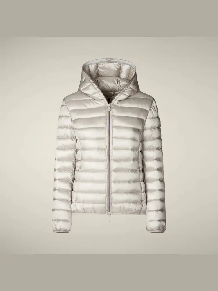 giubbotto beige donna con cappuccio patch logo sul braccio