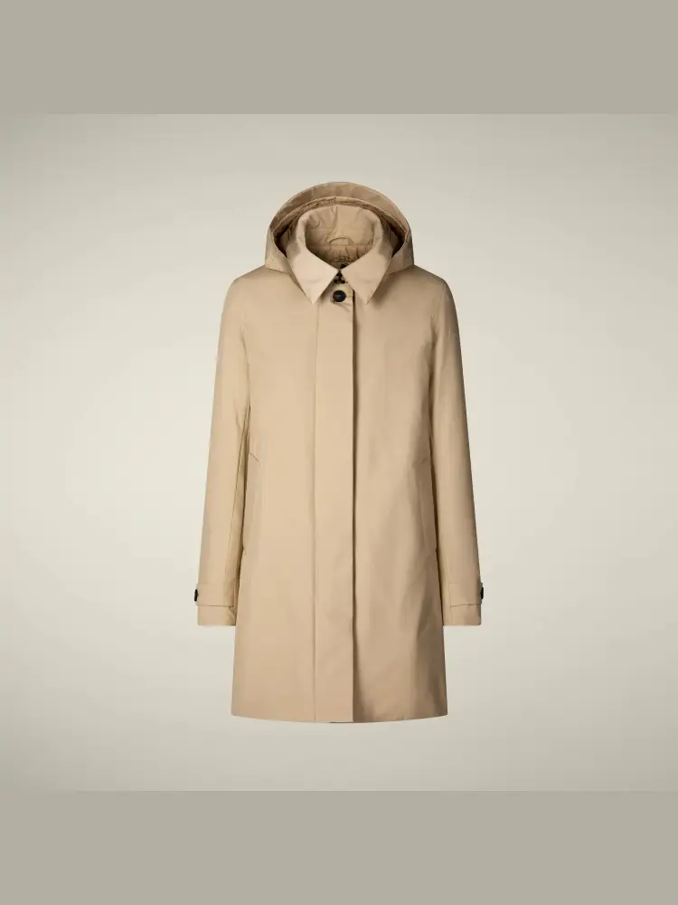 giubbotto beige donna lungo in tessuto tecnico con cappuccio logo sul braccio