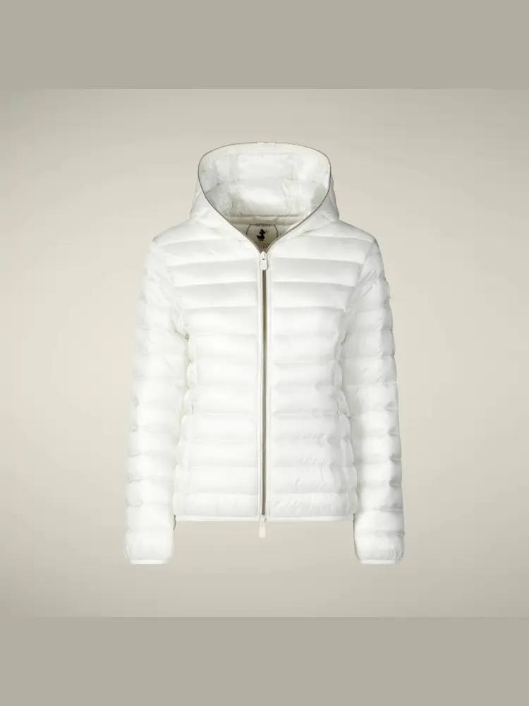 giubbotto bianco donna con cappuccio patch logo sul braccio