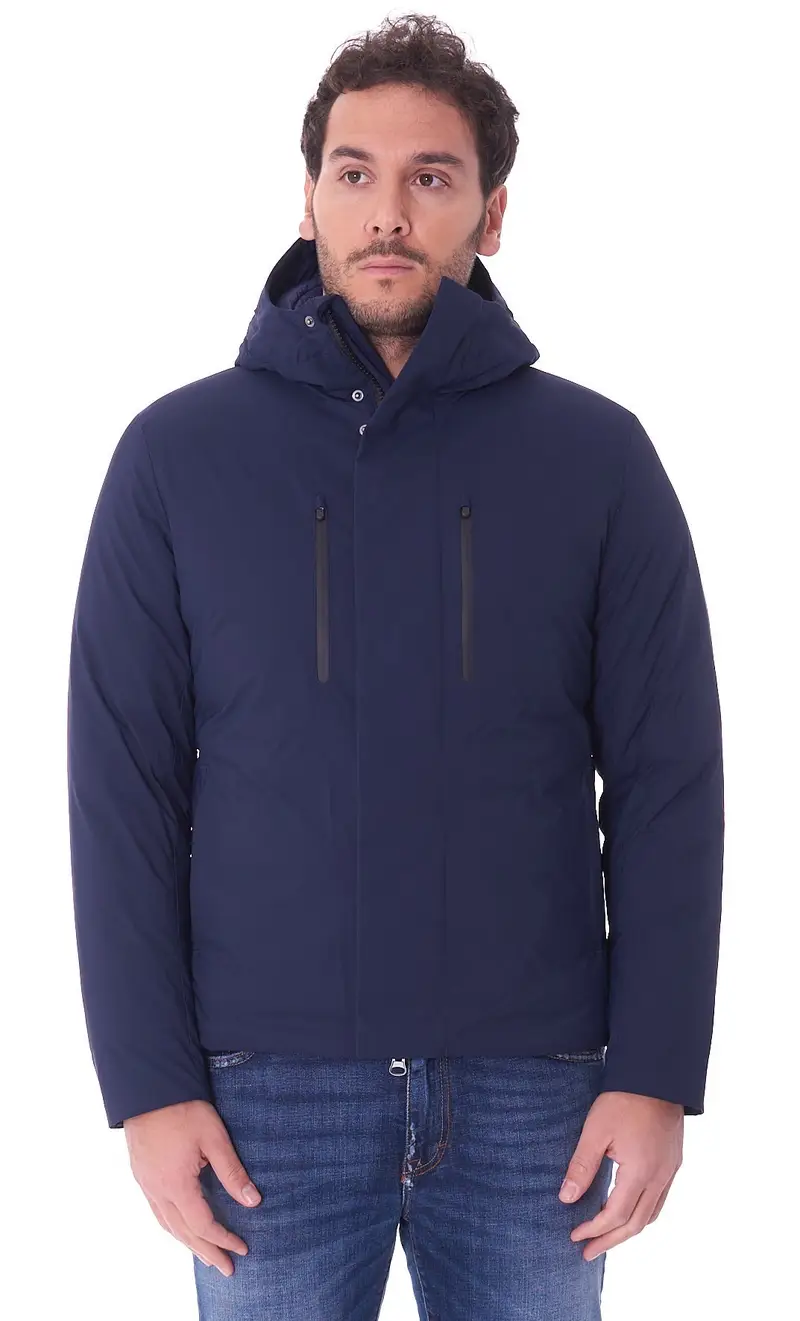 Giubbotto corto save the duck liscio con cappuccio blu cesar, colore blu