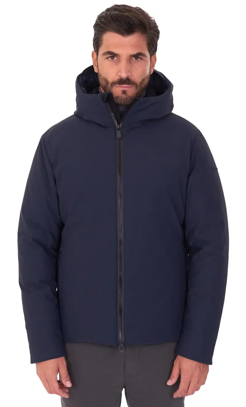 Giubbotto corto save the duck liscio con cappuccio blu sabal, colore blu