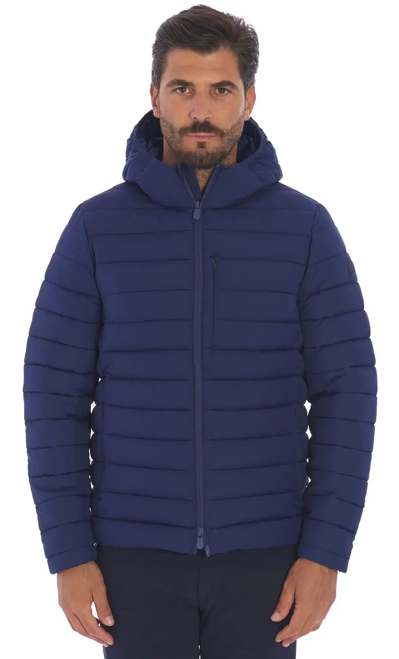 Giubbotto corto save the duck trapuntato con cappuccio juncus, colore bluette